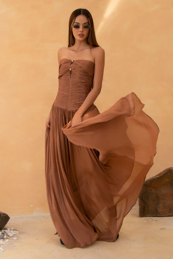 Noah Gathered Flared Chiffon Floor Length Dress