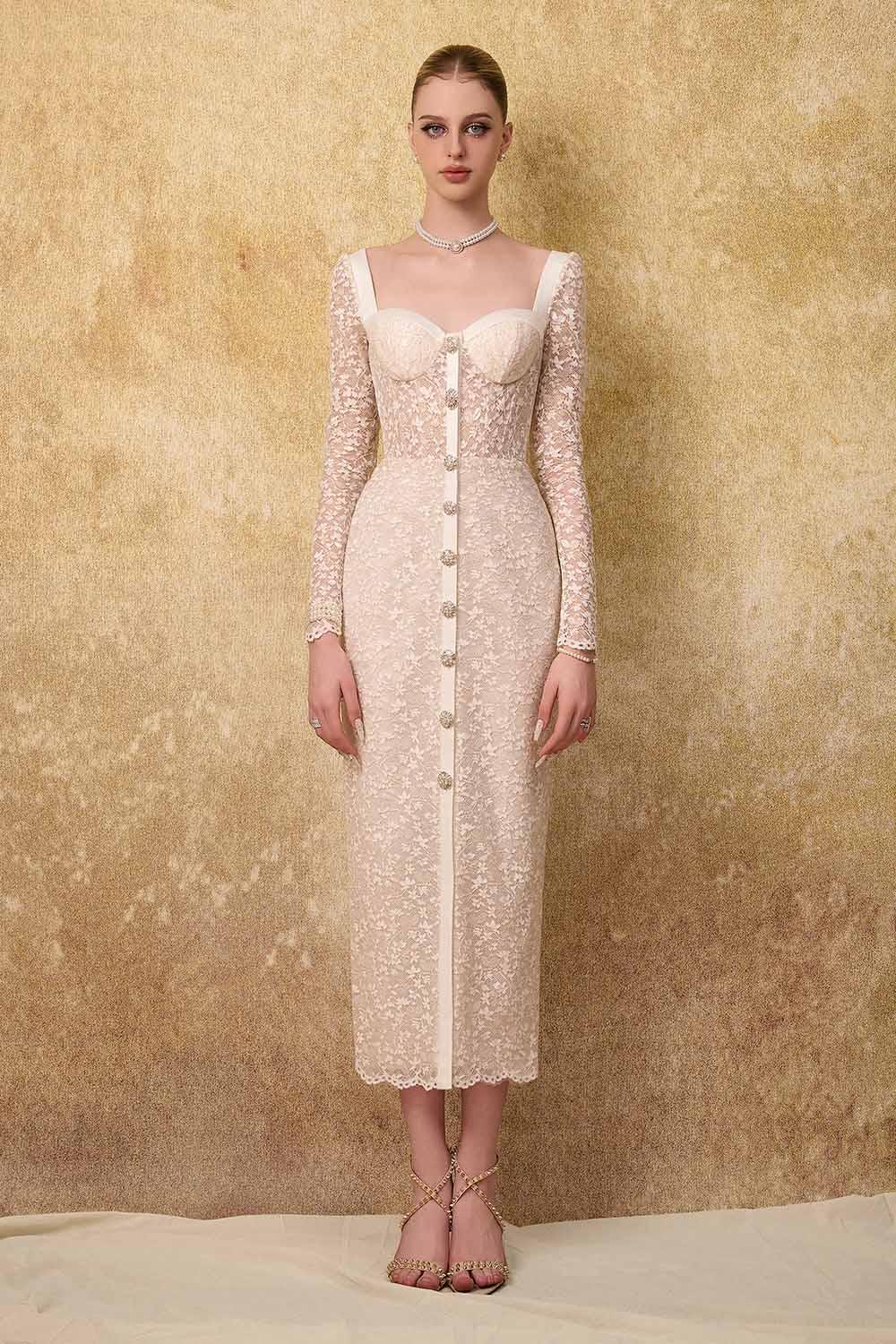 Noble Sheath Single Breasted Lace Midi Dress - MEAN BLVD