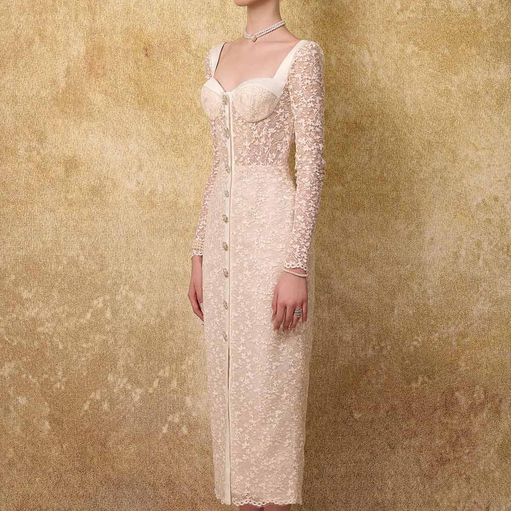 Noble Sheath Single Breasted Lace Midi Dress - MEAN BLVD