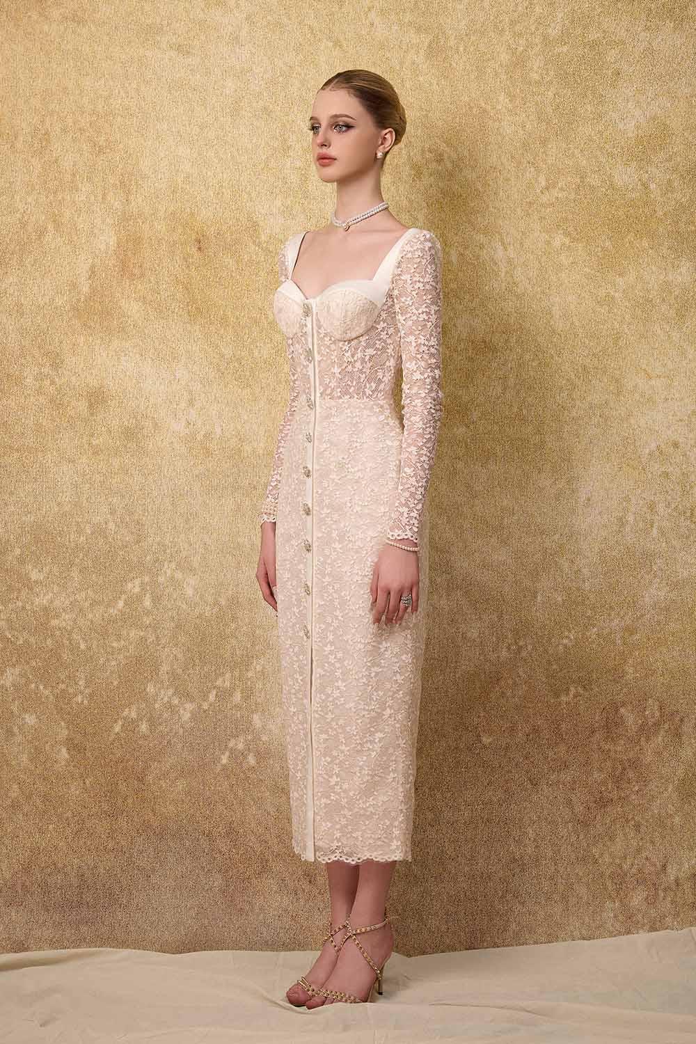 Noble Sheath Single Breasted Lace Midi Dress - MEAN BLVD