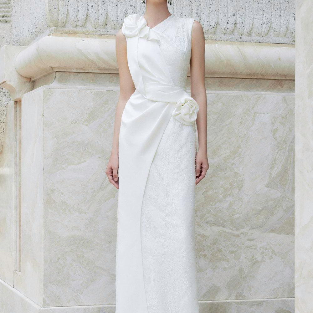 Nocturne Sheath Back Slit Jacquard Floor Length Dress - MEAN BLVD