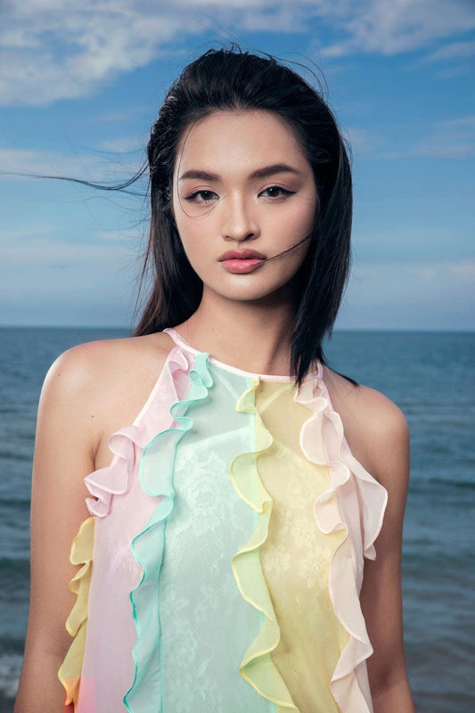 Noemi Straight Ruffle Trim Organza Voile Floor Length Dress - MEAN BLVD