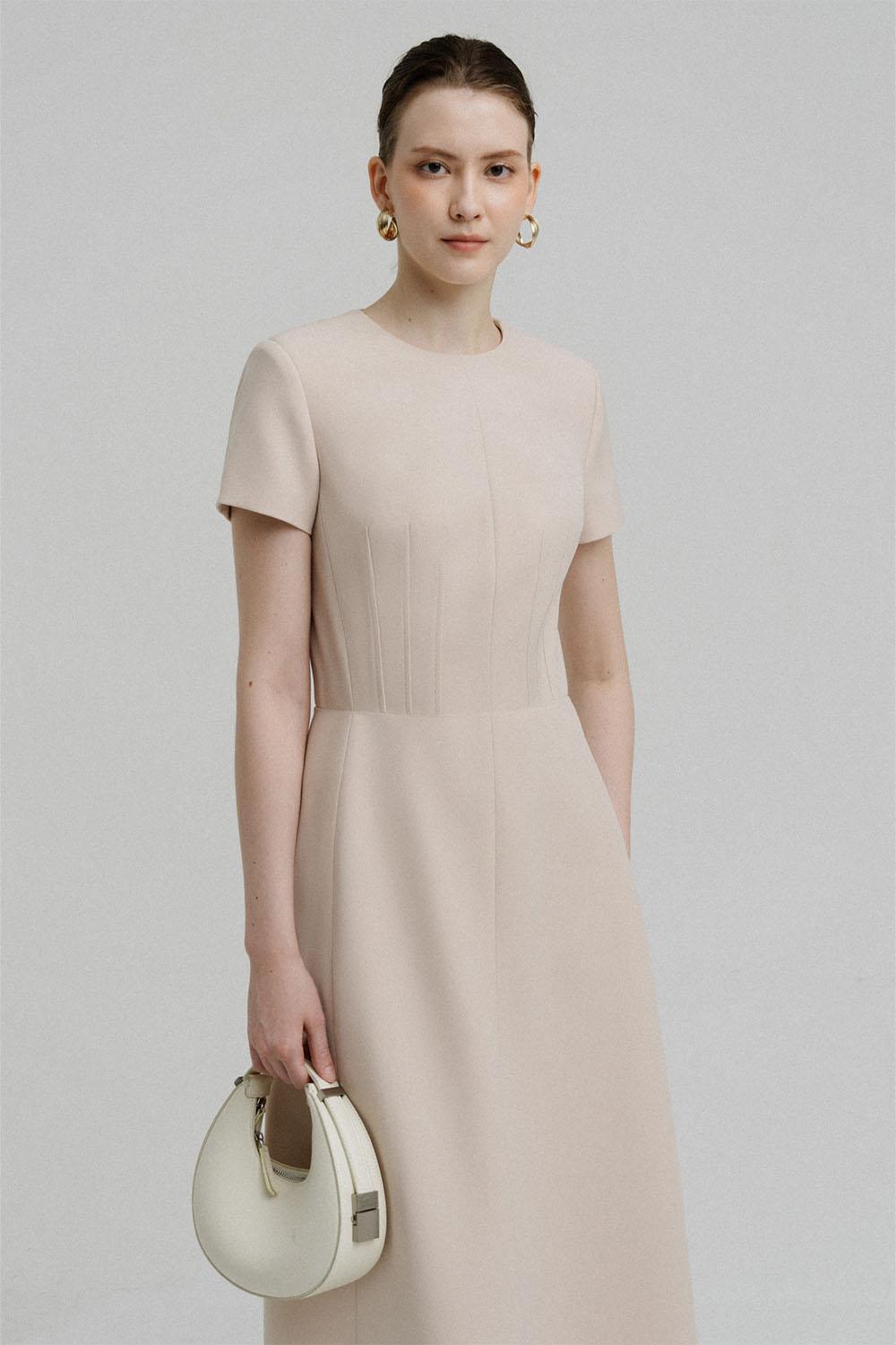 Nola A-line Round Neck Polycotton Midi Dress Beige / L