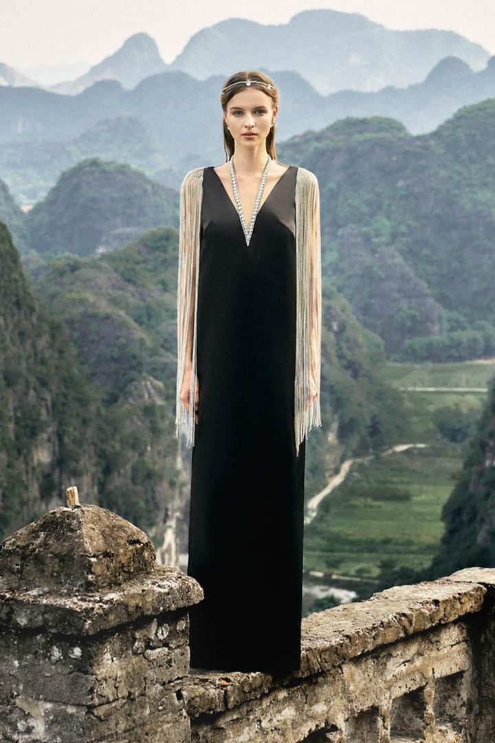 Nomad Straight V-Neck Silk Floor Length Dress - MEAN BLVD