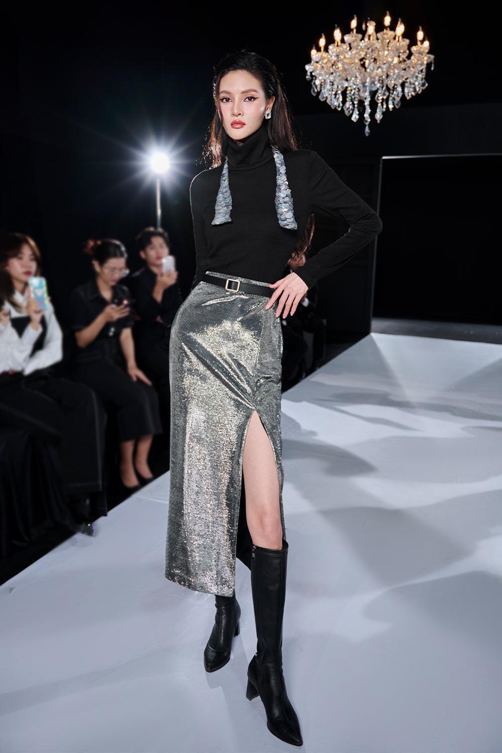 Nose Pencil Front Slit Sequin Midi Skirt - MEAN BLVD