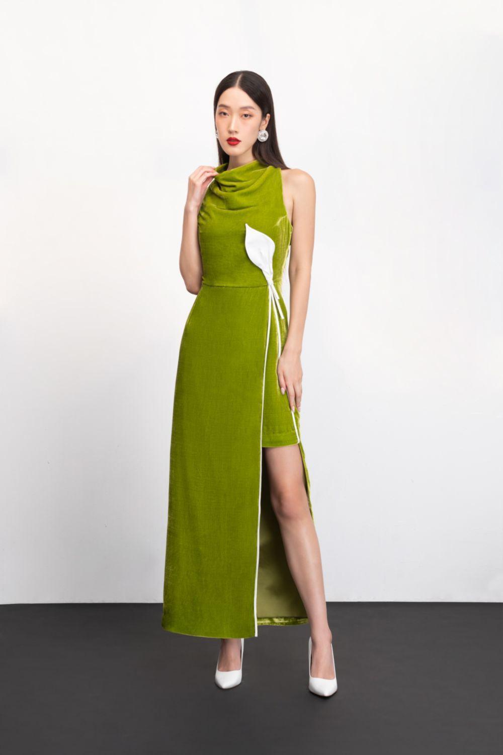 green ankle length dress Olive Green Cotton Flax Ankle Length Flared Sundress 44