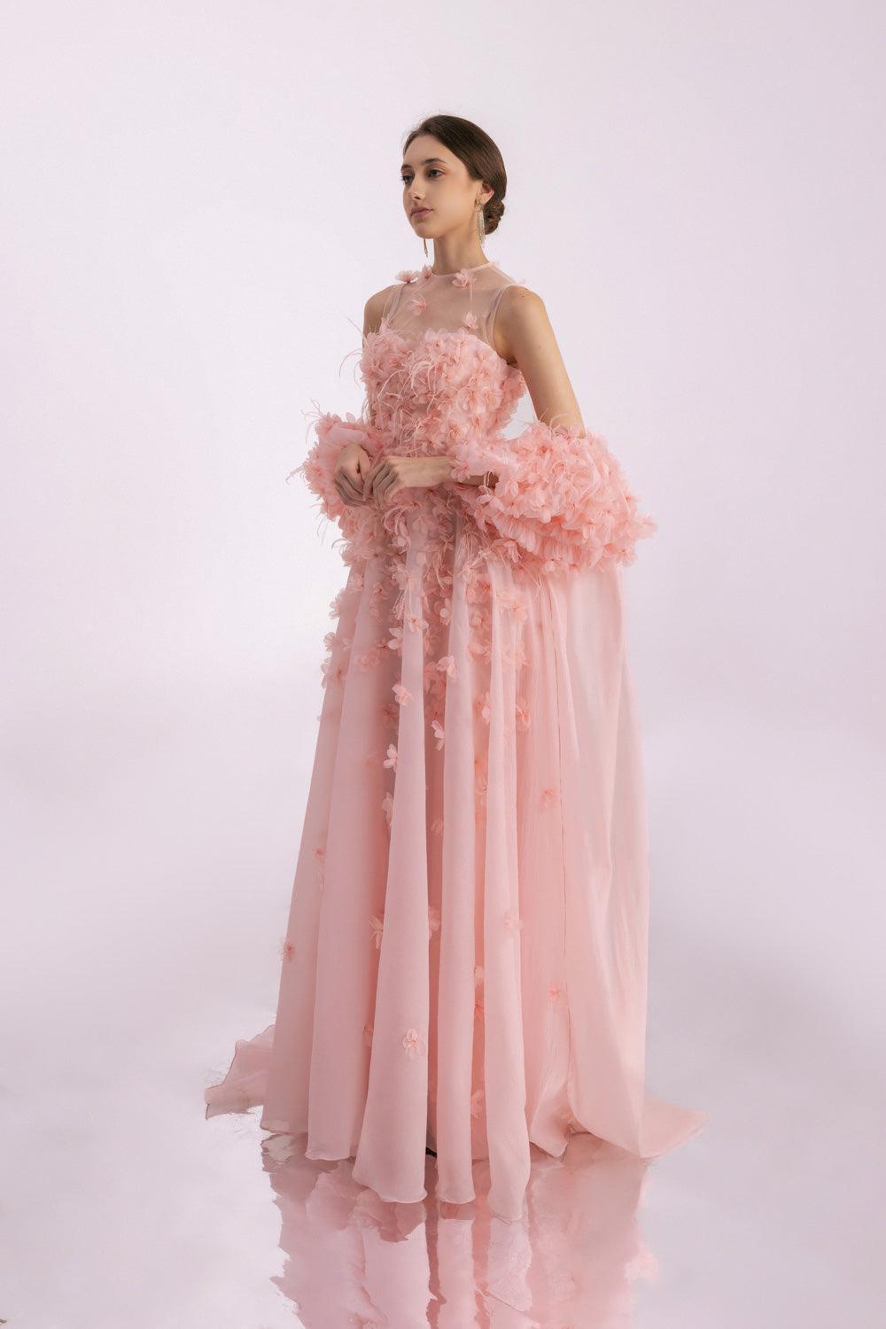 organza applique dress Women's Novak Ball Gown Flower Applique Silk Organza Floor Length Dress XS/S/M/L/XL Pink MEAN BLVD Pink / XL