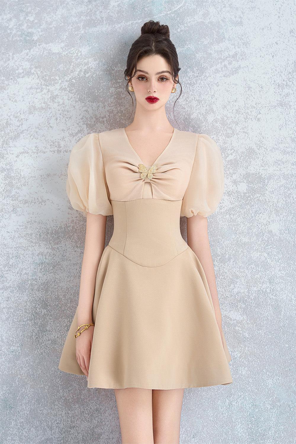 Women's Nymph A-line Puffy Sleeved Taffeta Mini Dress S/M/L/Customize Beige MEAN BLVD Beige / L