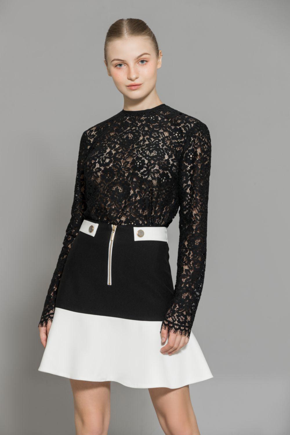 Women's Nyomi Drop Waist Front Zipper Wool Mini Skirt XS/S/M/L Black and White MEAN BLVD Black and White / L
