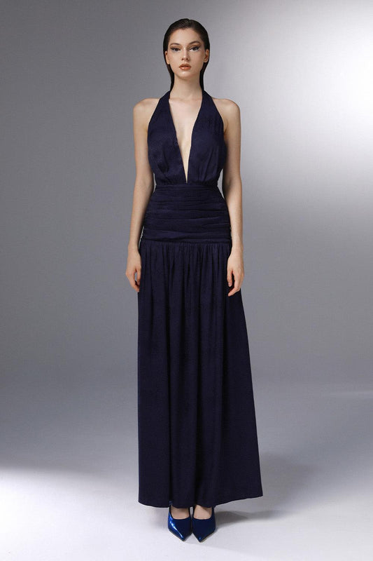 Odyssey Halter Gathered Silk Ankle Length Dress - MEAN BLVD