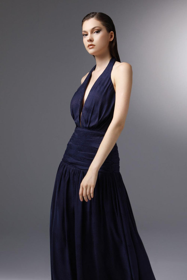 Odyssey Halter Gathered Silk Ankle Length Dress - MEAN BLVD