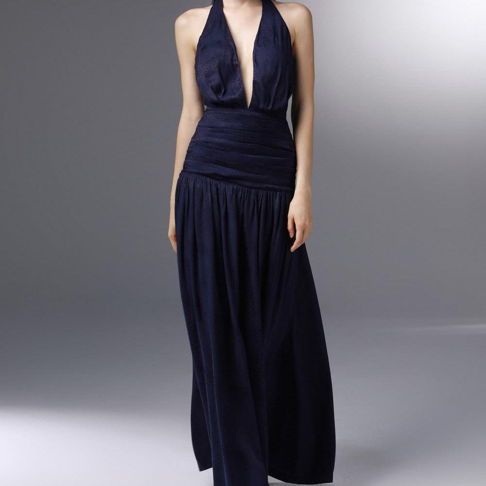 Odyssey Halter Gathered Silk Ankle Length Dress - MEAN BLVD