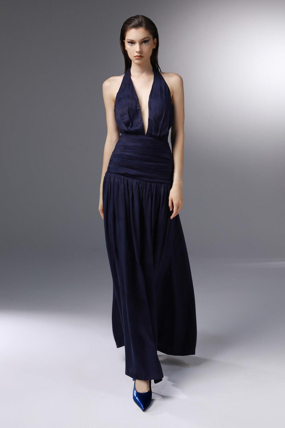 Women's Odyssey Halter Gathered Silk Ankle Length Dress 0/1/2/3 Midnight Blue MEAN BLVD Midnight Blue / Customize