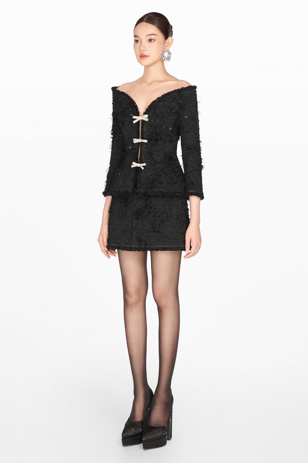 Off-Shoulder Crystal Beaded Blazer - MEAN BLVD