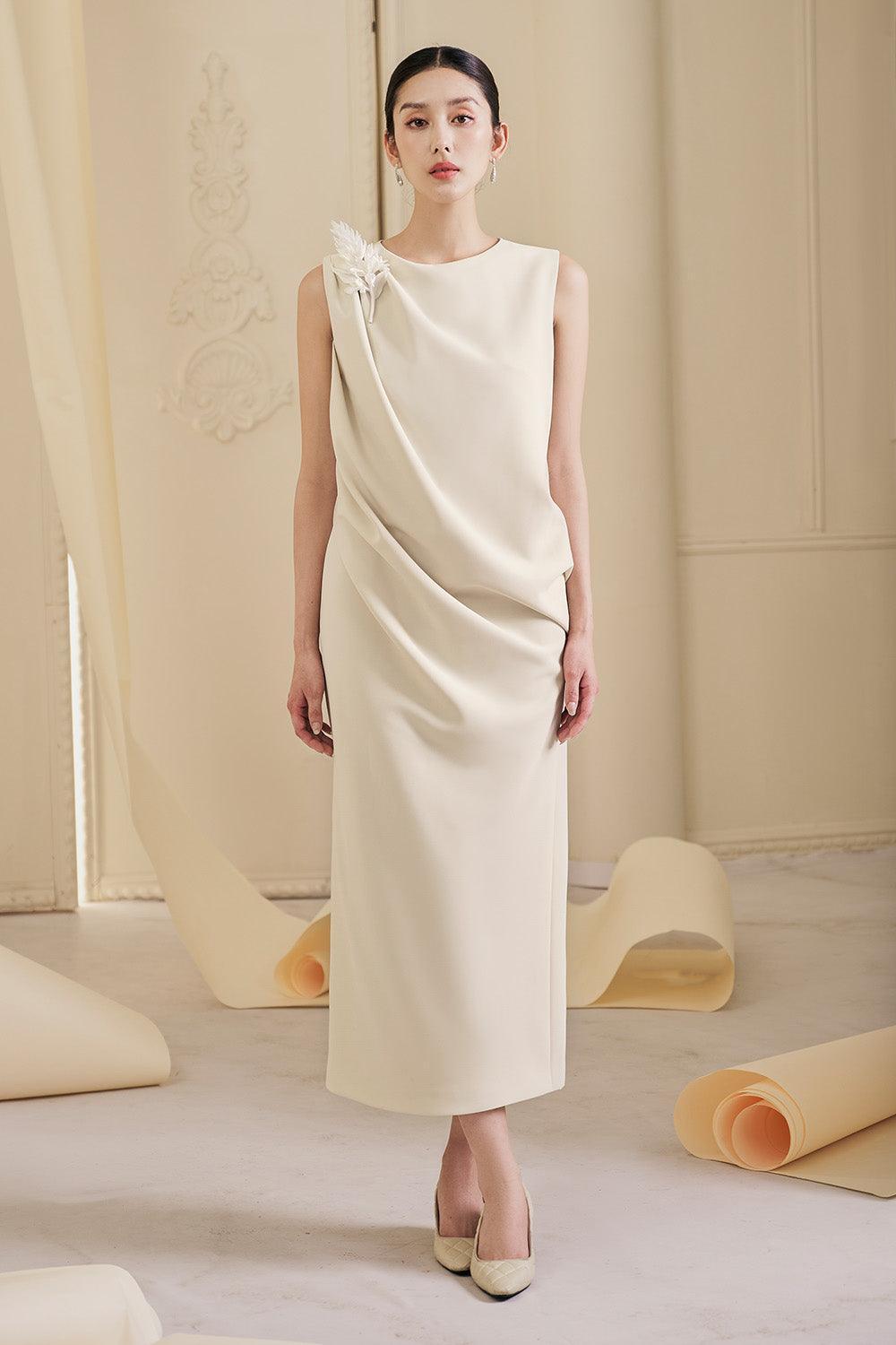 Olive Straight Jewel Neck Cotton Spandex Midi Dress - MEAN BLVD