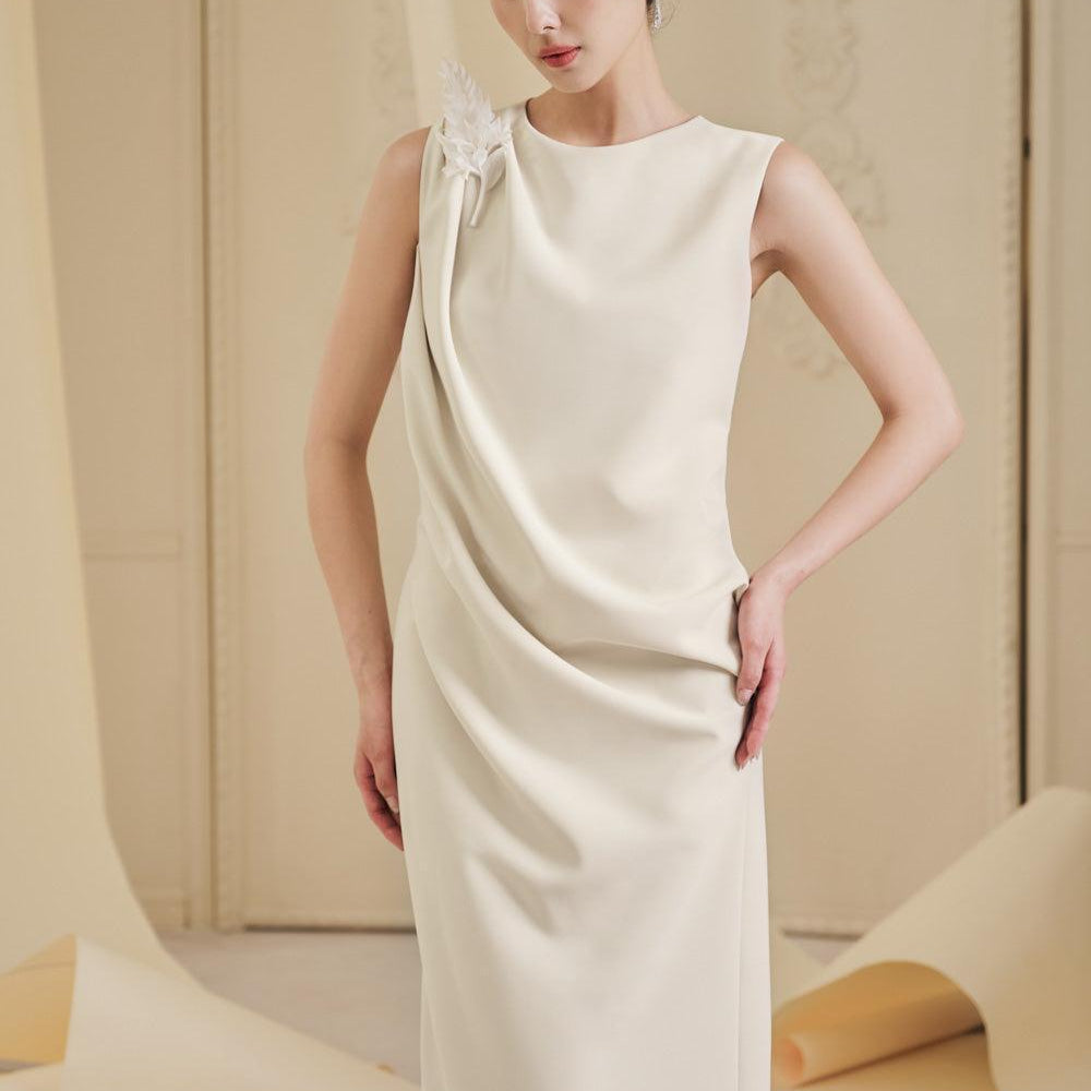 Olive Straight Jewel Neck Cotton Spandex Midi Dress - MEAN BLVD