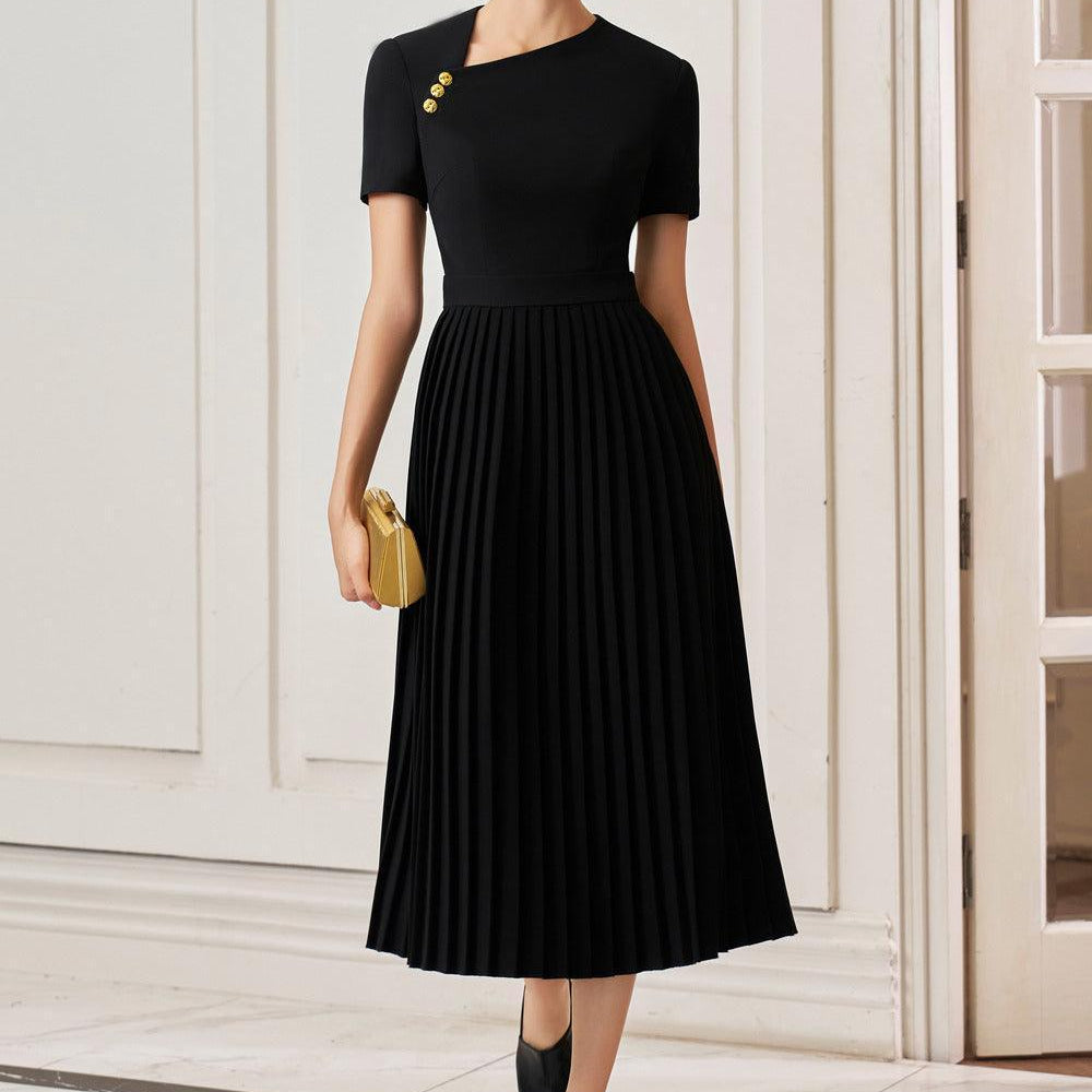 Opal Pleated Asymmetric Neck Gabardine Midi Dress - MEAN BLVD