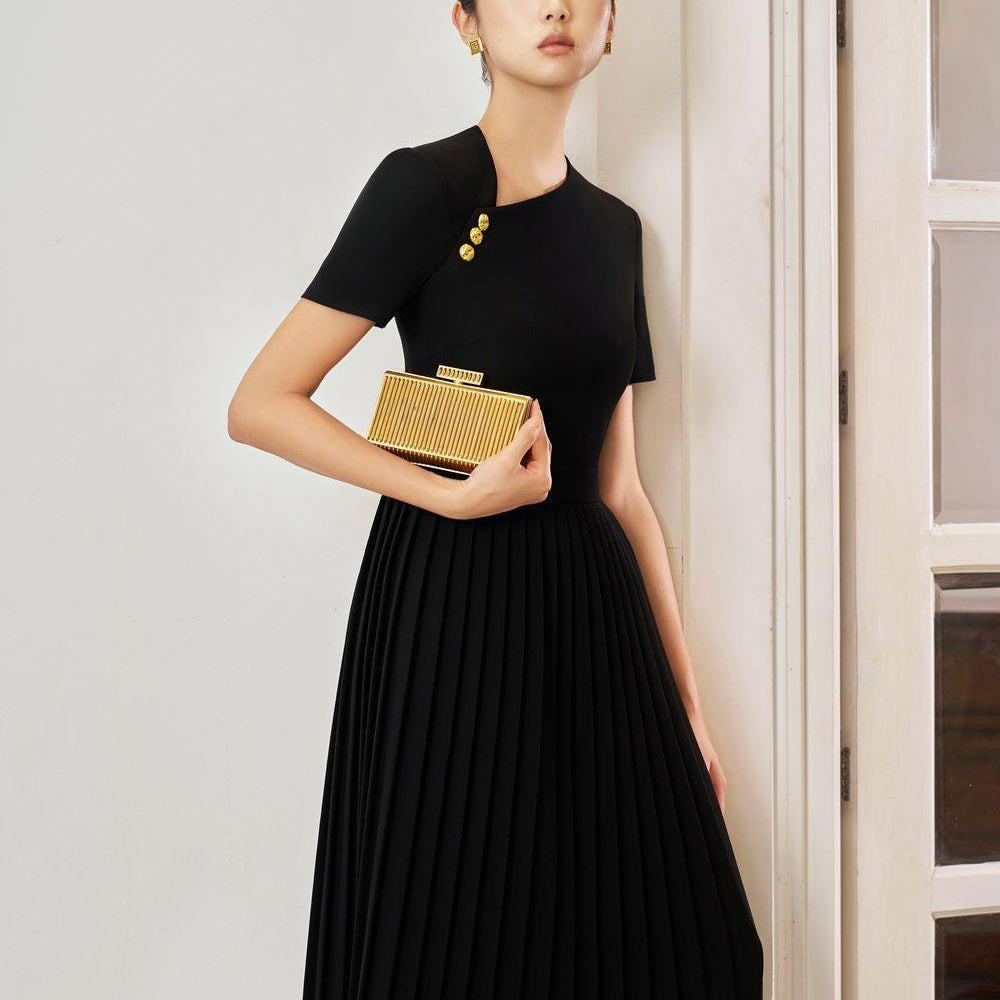 Opal Pleated Asymmetric Neck Gabardine Midi Dress - MEAN BLVD