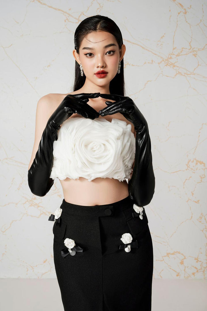 Ophelia Strapless Floral Organza Crop Top - MEAN BLVD