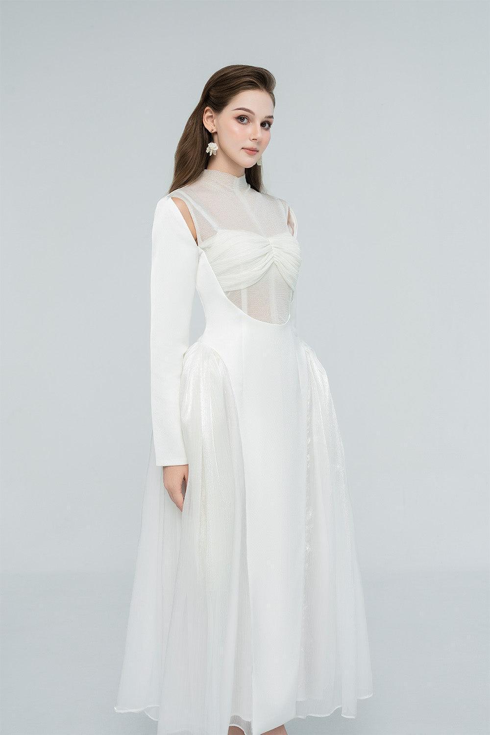 Women's Oralie Fit and Flare High Neck Chanel Midi Dress S/M/L/Customize White/Light Brown Mean Blvd Light Brown / S Women's Oralie Fit and Flare High Neck Chanel Midi Dress S/M/L/Customize White/Light Brown Mean Blvd Light Brown / S
