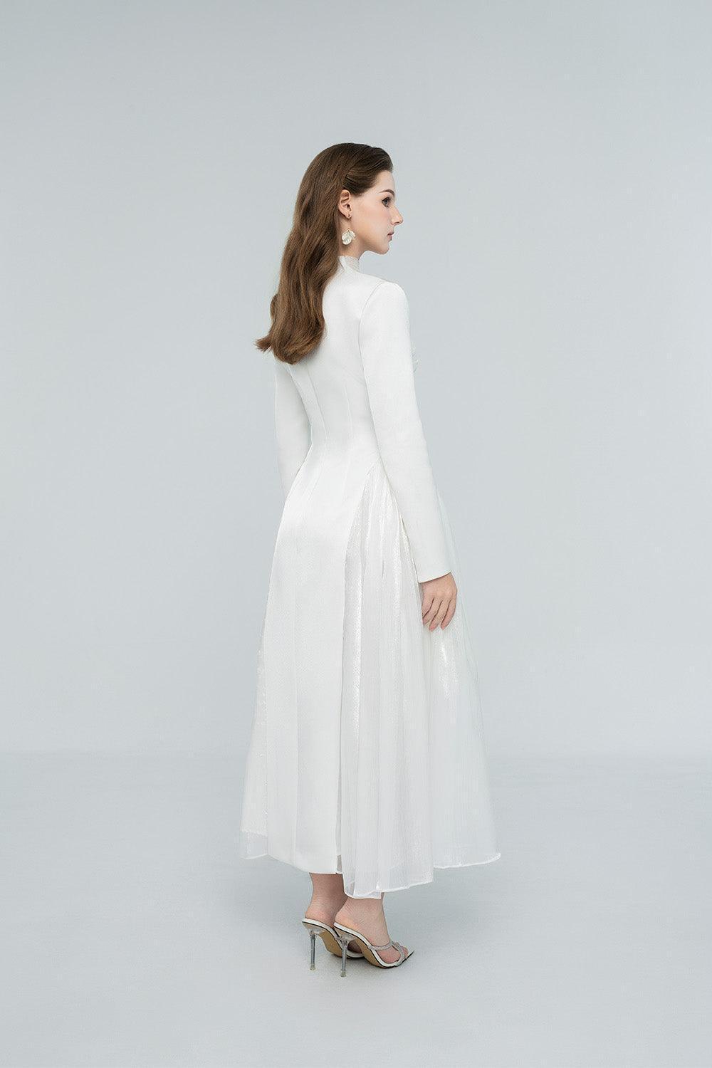 Women's Oralie Fit and Flare High Neck Chanel Midi Dress S/M/L/Customize White/Light Brown MEAN BLVD, White / S Women's Oralie Fit and Flare High Neck Chanel Midi Dress S/M/L/Customize White/Light Brown MEAN BLVD, White / S