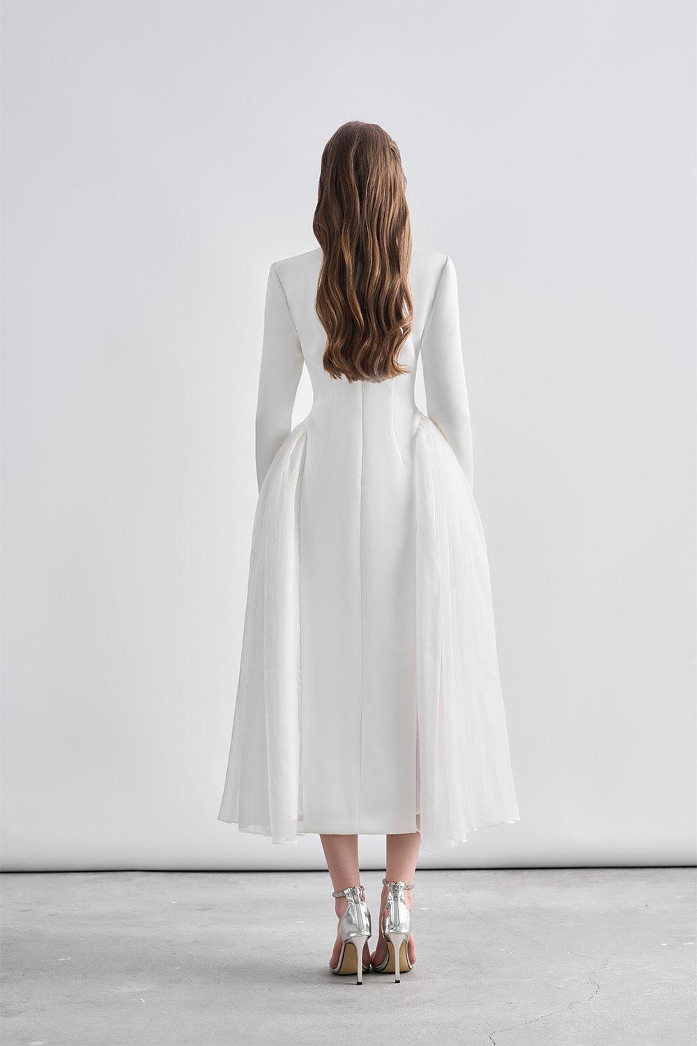 Women's Oralie Fit and Flare High Neck Chanel Midi Dress S/M/L/Customize White/Light Brown Mean Blvd, White / S Women's Oralie Fit and Flare High Neck Chanel Midi Dress S/M/L/Customize White/Light Brown Mean Blvd, White / S