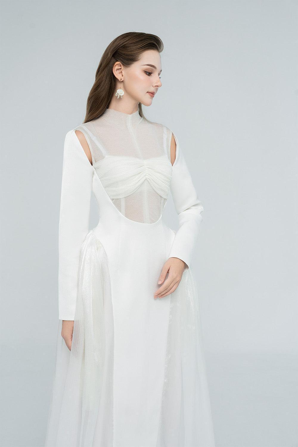 Women's Oralie Fit and Flare High Neck Chanel Midi Dress S/M/L/Customize White/Light Brown Mean Blvd, White / S Women's Oralie Fit and Flare High Neck Chanel Midi Dress S/M/L/Customize White/Light Brown Mean Blvd, White / S