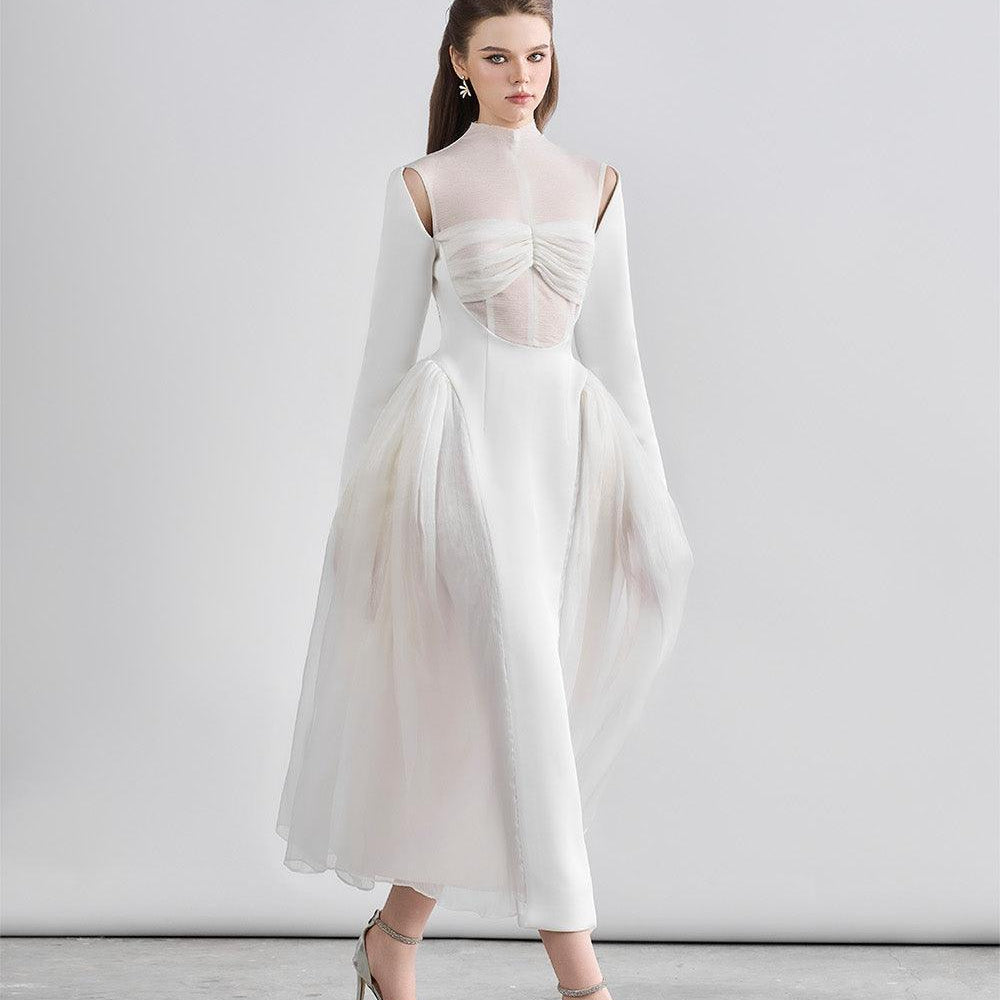 Oralie Fit and Flare High Neck Chanel Midi Dress - MEAN BLVD