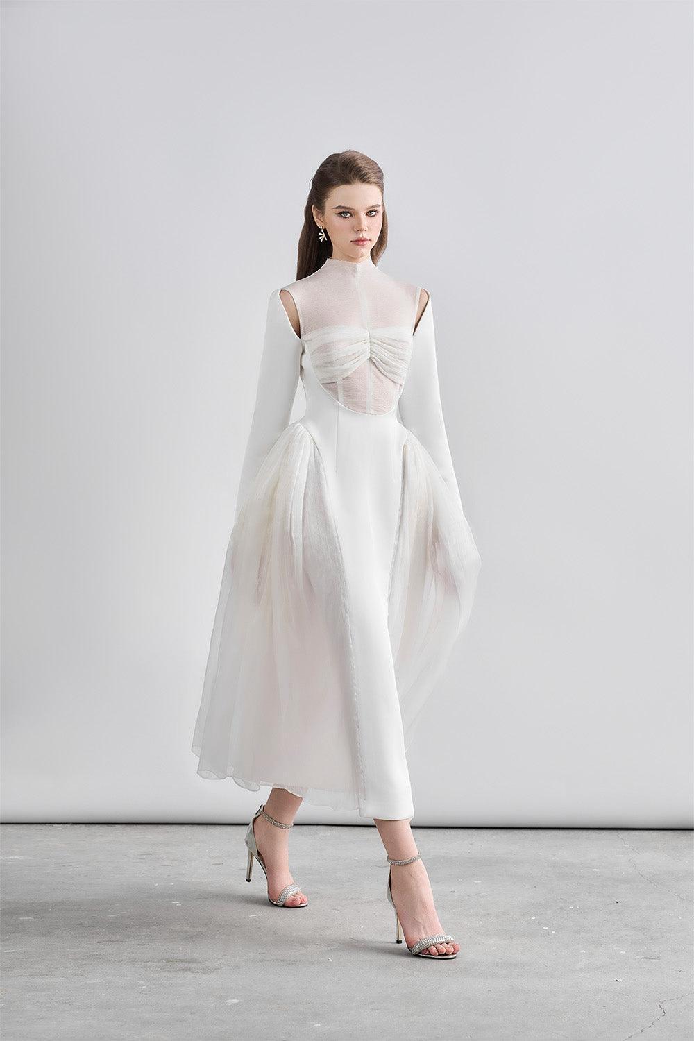 Women's Oralie Fit and Flare High Neck Chanel Midi Dress S/M/L/Customize White/Light Brown Mean Blvd White / L Women's Oralie Fit and Flare High Neck Chanel Midi Dress S/M/L/Customize White/Light Brown Mean Blvd White / L