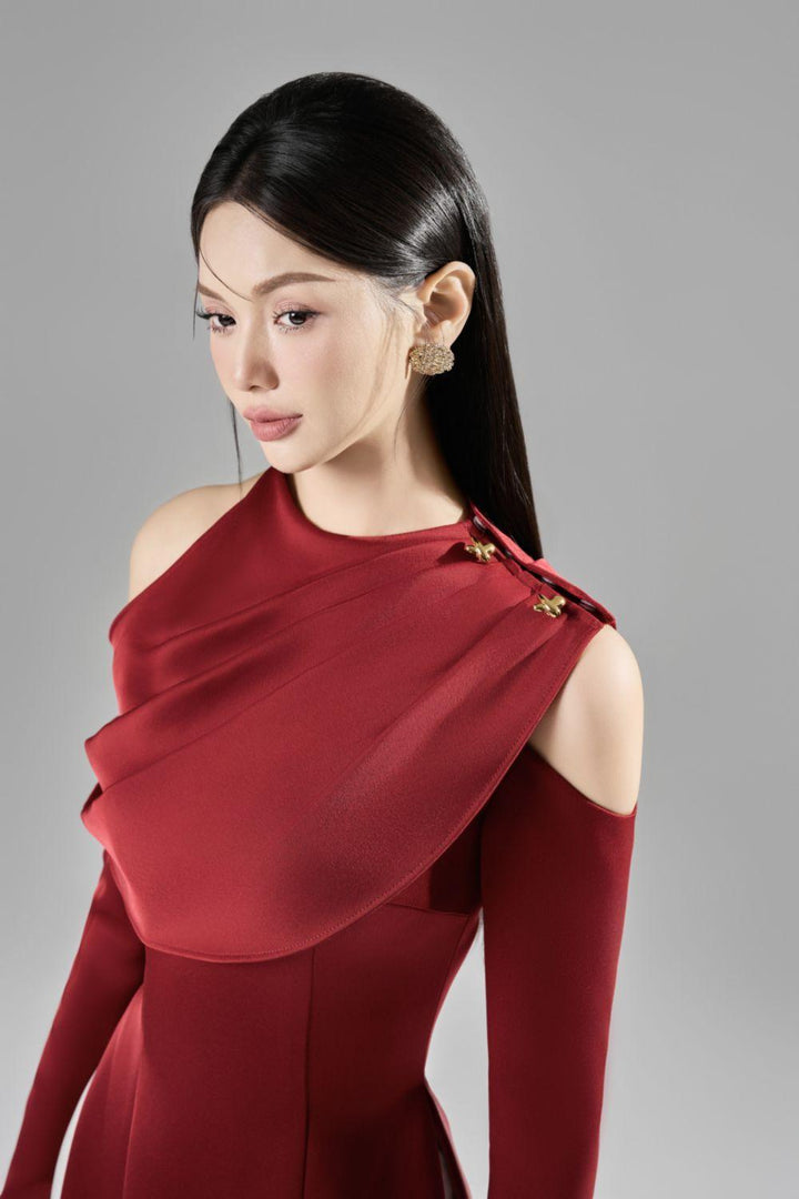 Oralie Sheath Cold Shoulder Sleeved Taffeta Ankle Length Ao Dai - MEAN BLVD