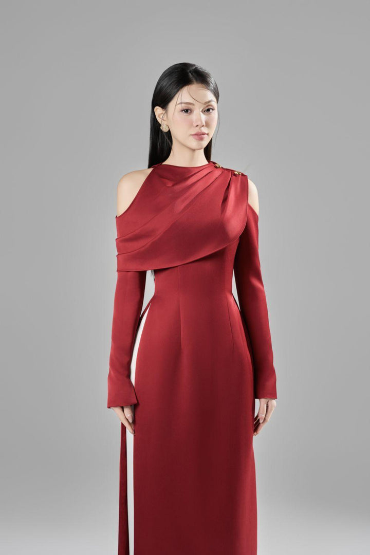 Oralie Sheath Cold Shoulder Sleeved Taffeta Ankle Length Ao Dai - MEAN BLVD