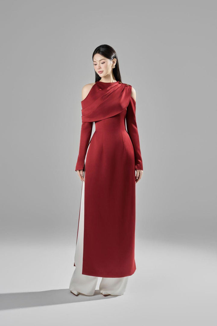 Oralie Sheath Cold Shoulder Sleeved Taffeta Ankle Length Ao Dai - MEAN BLVD