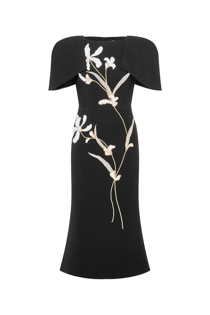 Orchids Trumpet Cape Sleeved Polyester Midi Dress - MEAN BLVD