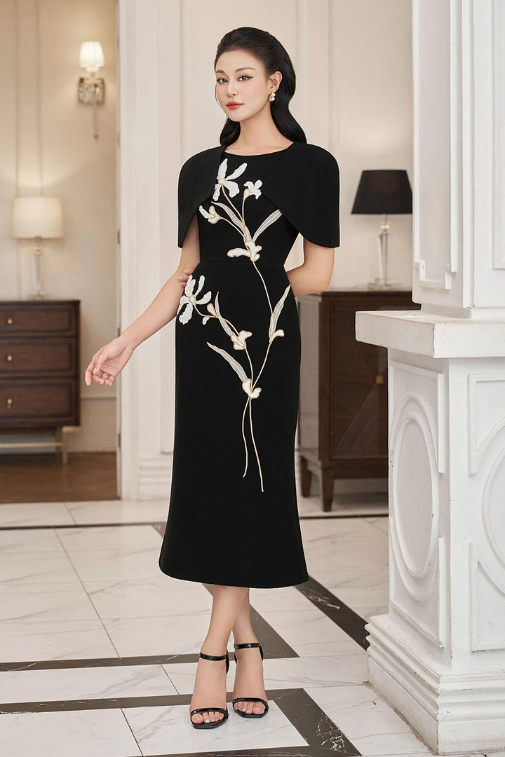 Orchids Trumpet Cape Sleeved Polyester Midi Dress - MEAN BLVD