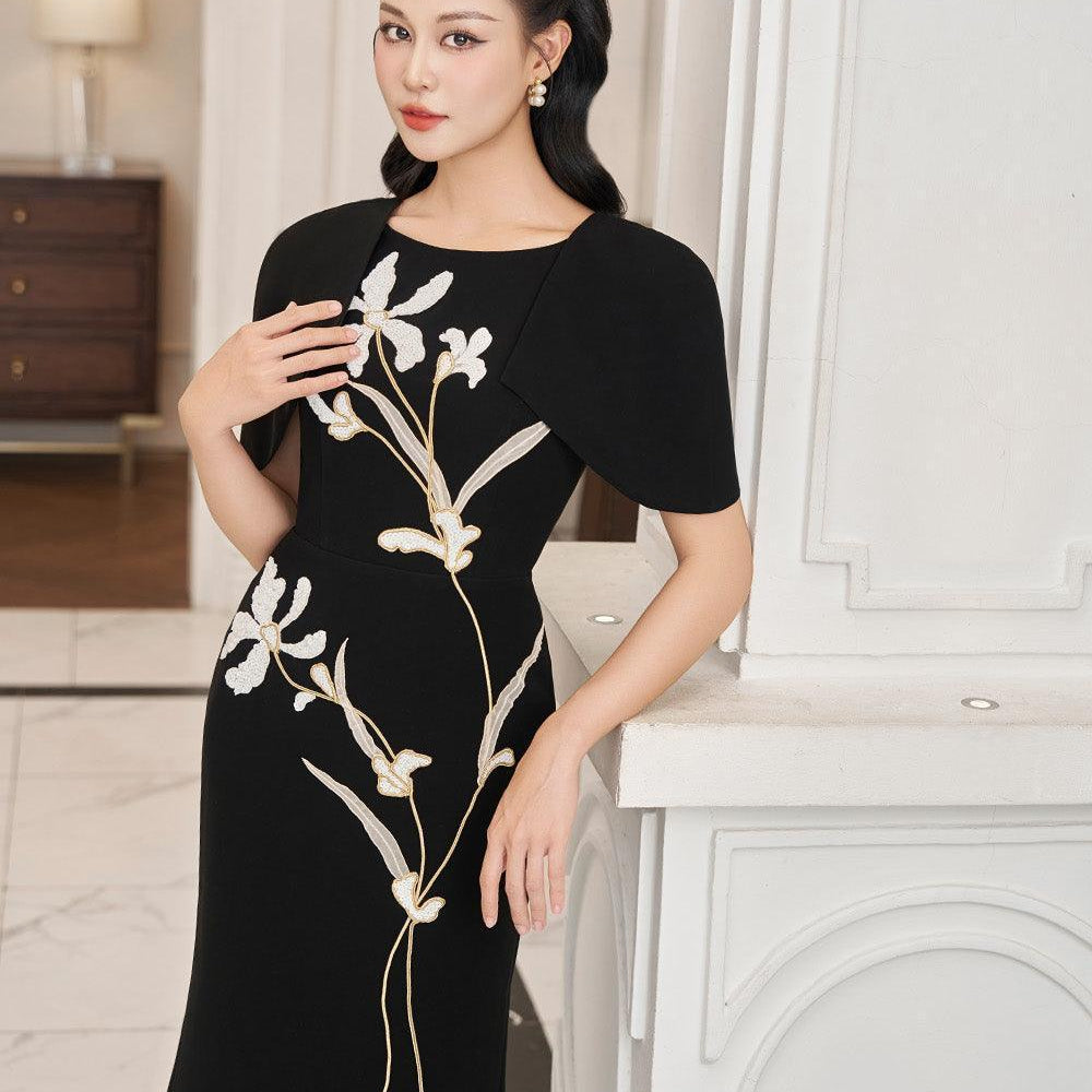 Orchids Trumpet Cape Sleeved Polyester Midi Dress - MEAN BLVD