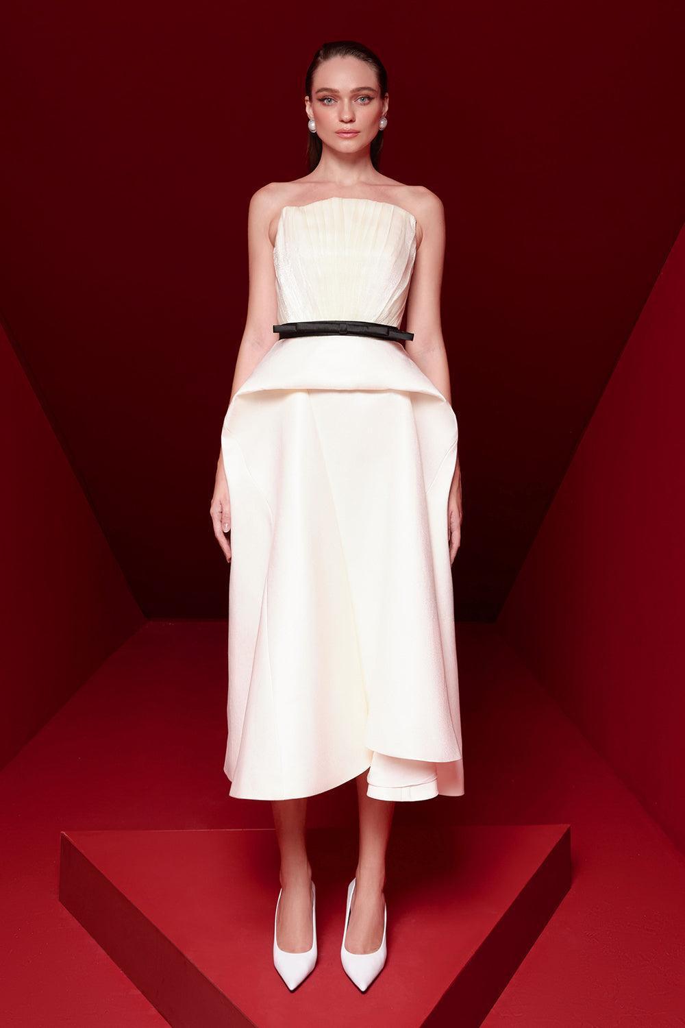 Paloma Peplum Straight Across Neck Taffeta Midi Dress - MEAN BLVD