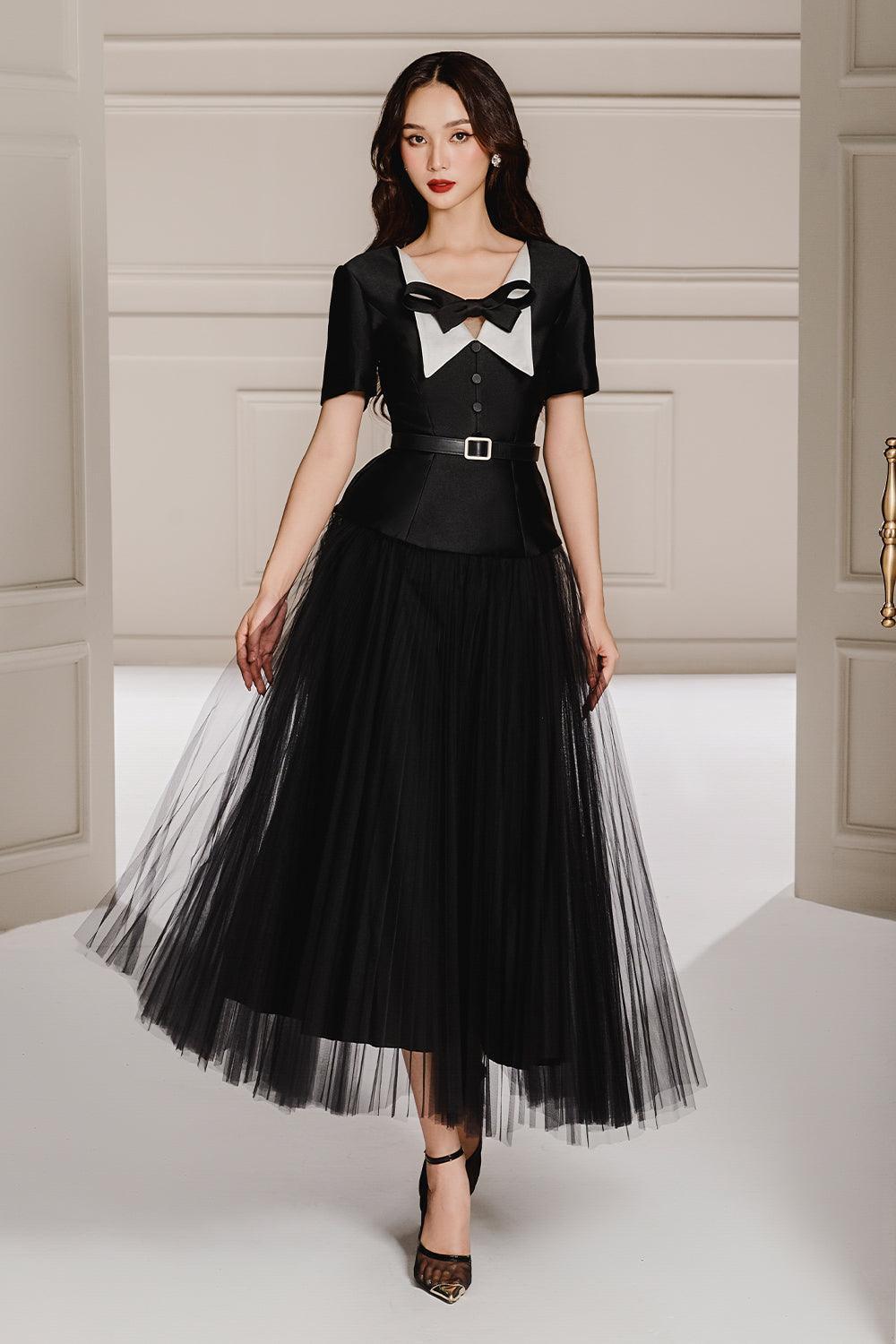 Panda Fit and Flare V-Neck Taffeta Midi Dress - MEAN BLVD