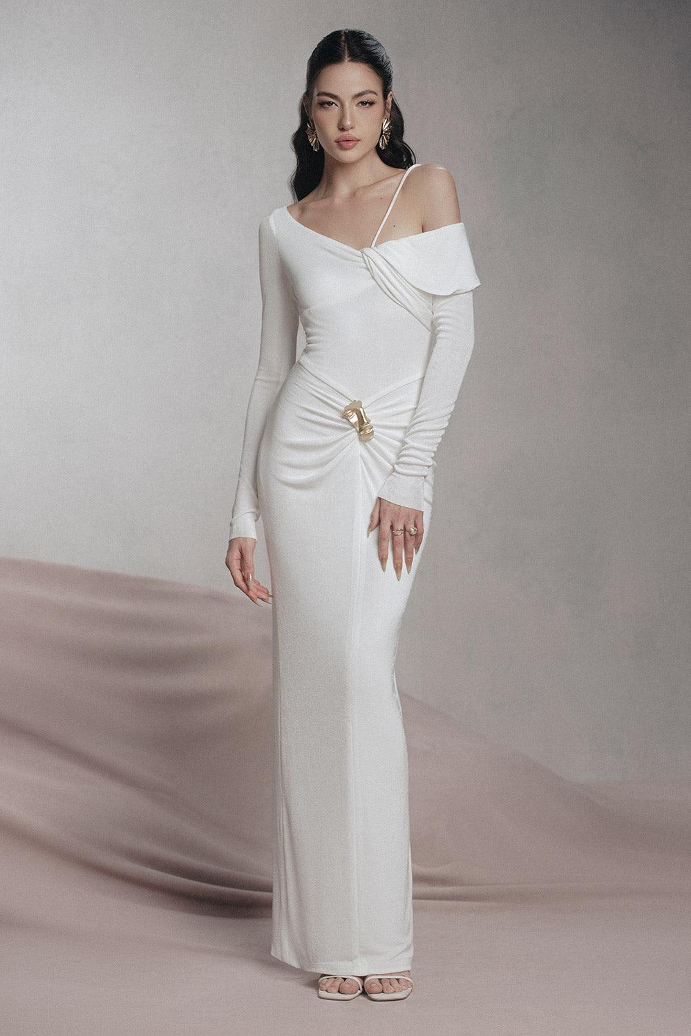 Women's Parade Bodycon Asymmetric Neck Spandex Maxi Dress S/M/L/XL/Customize Black/White MEAN BLVD White / Customize