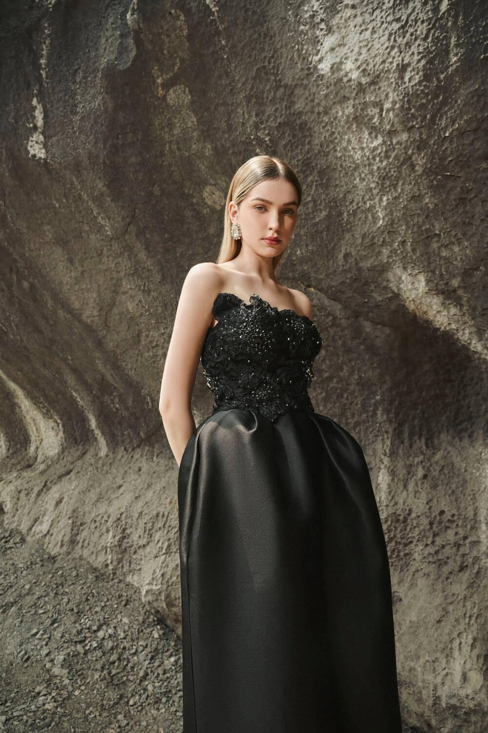 Women's Paris Pegged Straight Across Neck Taffeta Maxi Dress XS/S/M/L/XL/XXL//Black/MEAN Blvd Xs / Black