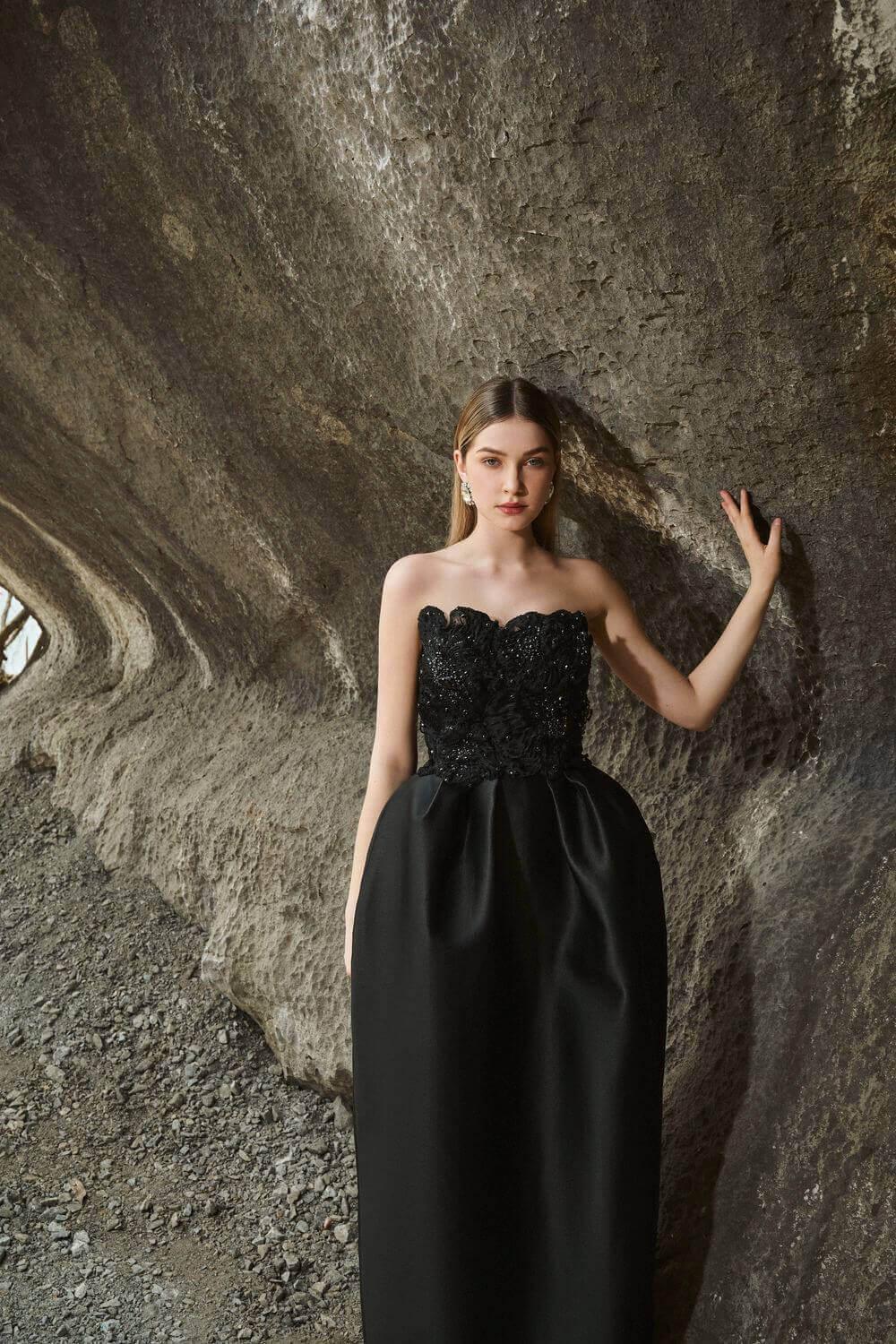 Paris Pegged Straight Across Neck Taffeta Maxi Dress - MEAN BLVD