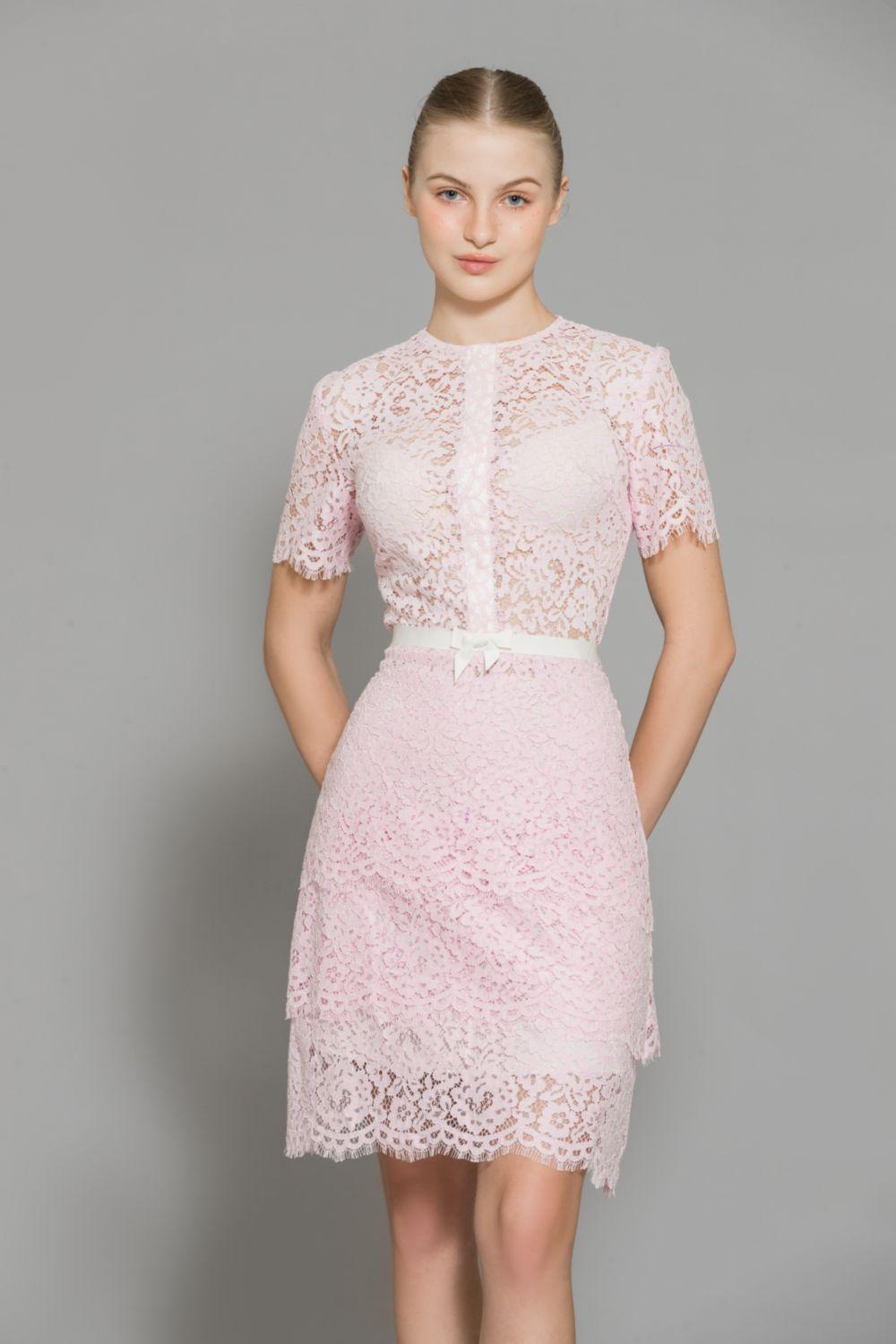 Women's Paulina A-line Round Neck Lace Above The Knee Dress XS/S/M/L Baby Pink MEAN BLVD Baby Pink / Customize Women's Paulina A-line Round Neck Lace Above The Knee Dress XS/S/M/L Baby Pink MEAN BLVD Baby Pink / Customize