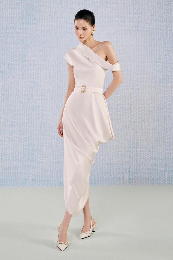Pearl Asymmetric Diagonal Neck Silk Blend Ankle Length Dress - MEAN BLVD