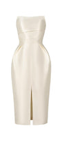 Pearl Strapless Draped Glossy Taffeta Midi Dress - MEAN BLVD