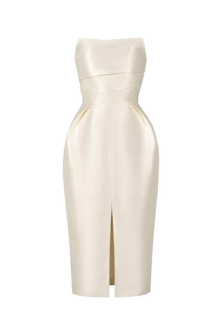 Pearl Strapless Draped Glossy Taffeta Midi Dress - MEAN BLVD