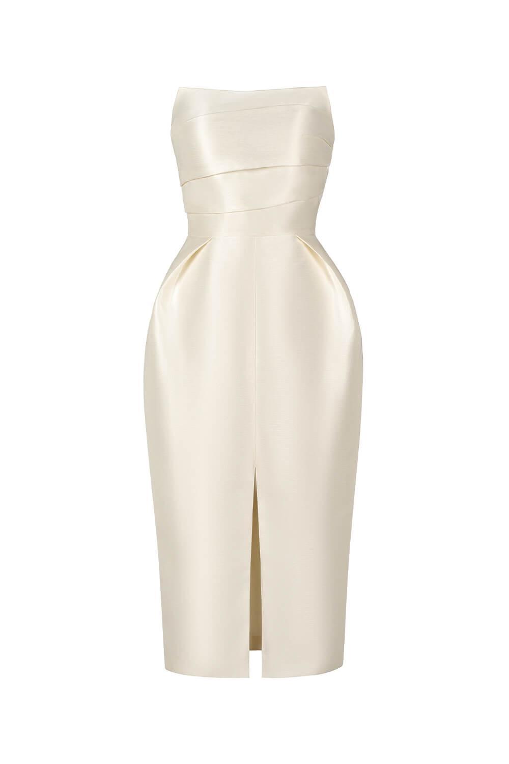 Pearl Strapless Draped Glossy Taffeta Midi Dress - MEAN BLVD
