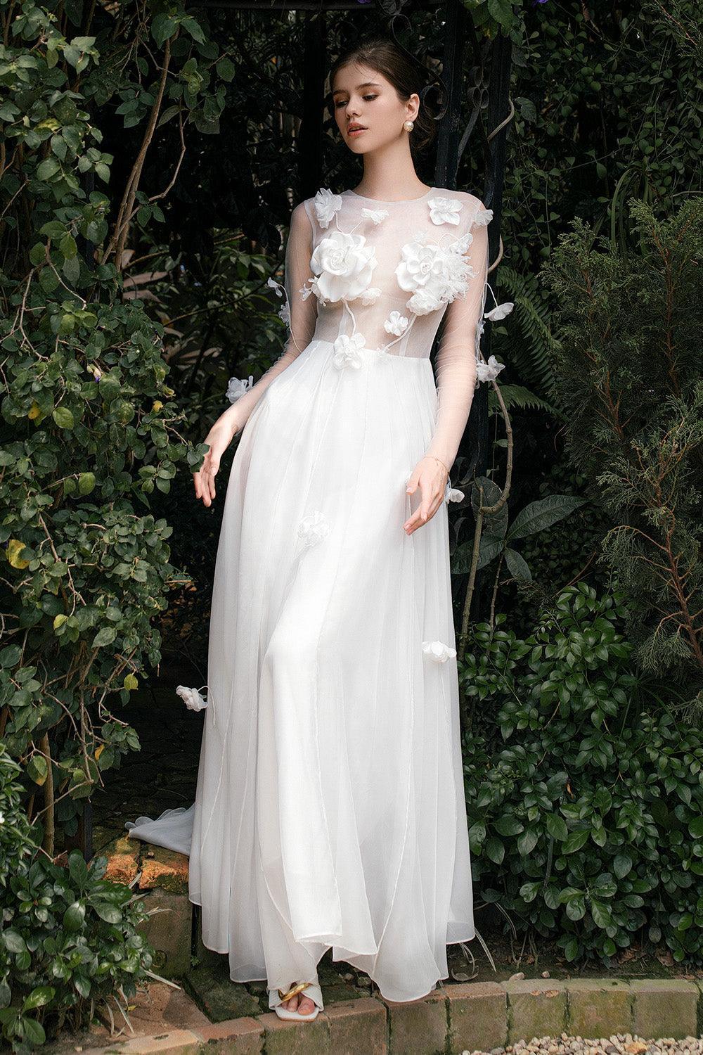 Perany A-line Illusion Neck Foam Organza Floor Length Dress - MEAN BLVD