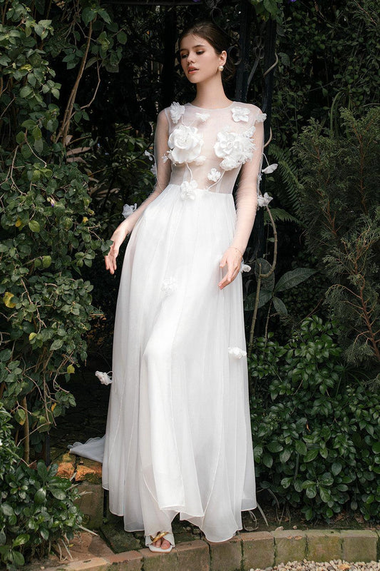 Perany A-line Illusion Neck Foam Organza Floor Length Dress - MEAN BLVD