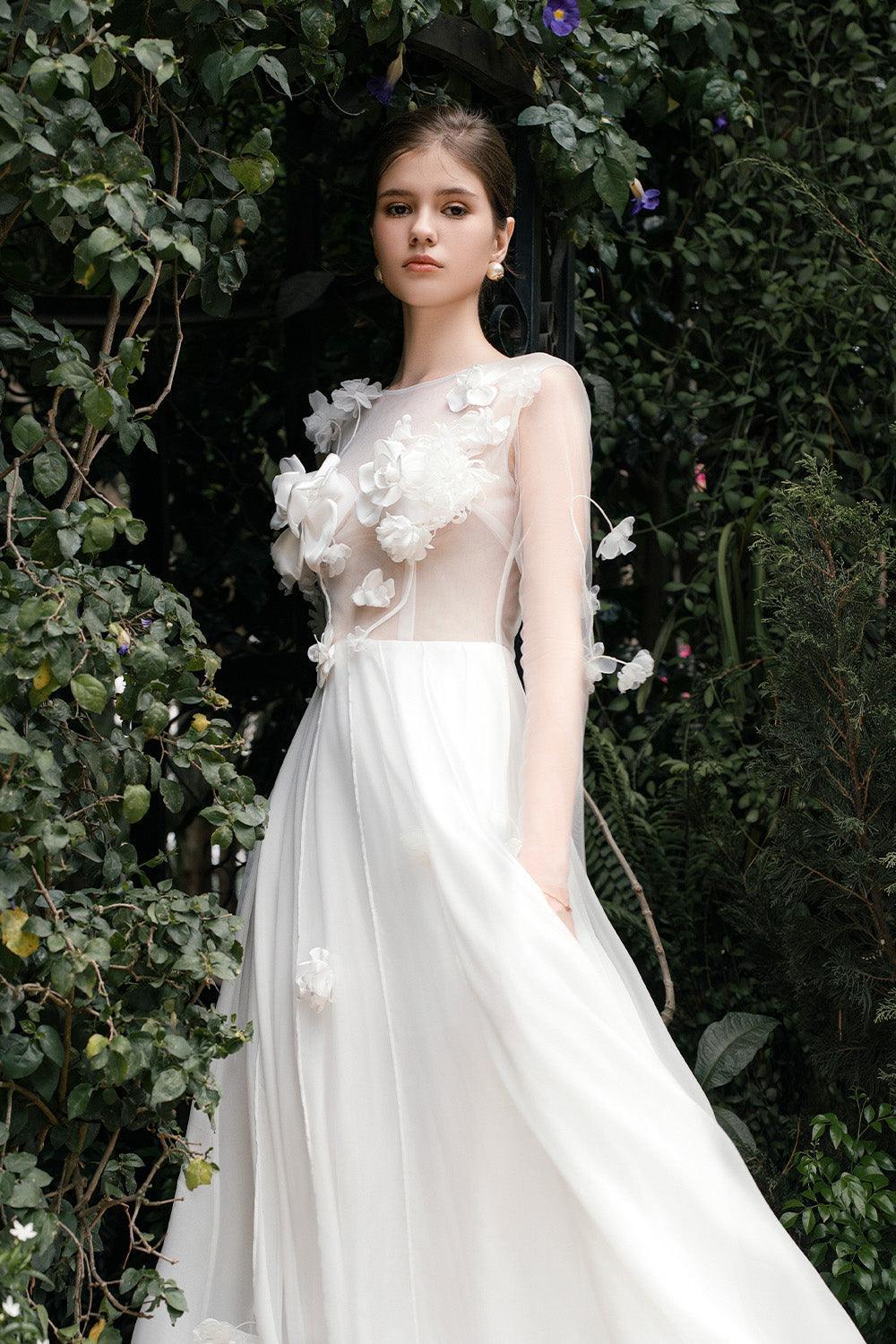 Perany A-line Illusion Neck Foam Organza Floor Length Dress - MEAN BLVD