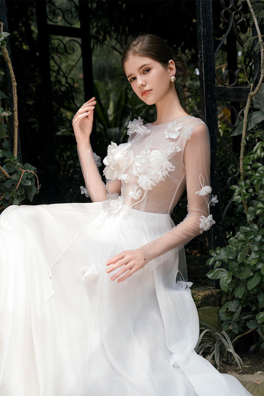 Perany A-line Illusion Neck Foam Organza Floor Length Dress - MEAN BLVD