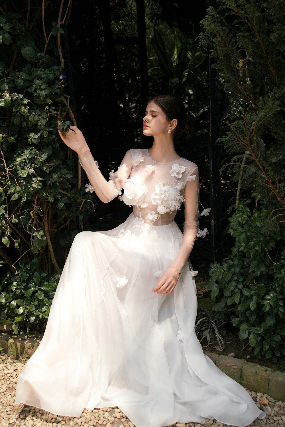 Perany A-line Illusion Neck Foam Organza Floor Length Dress - MEAN BLVD